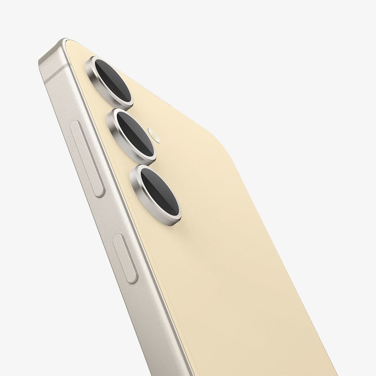 AGL07436 - Galaxy S24 Plus Optik Pro EZ Fit Lens Protector in Yellow showing the partial side of the camera lens protector, partial side and partial back of the device, half bodied, zoomed in