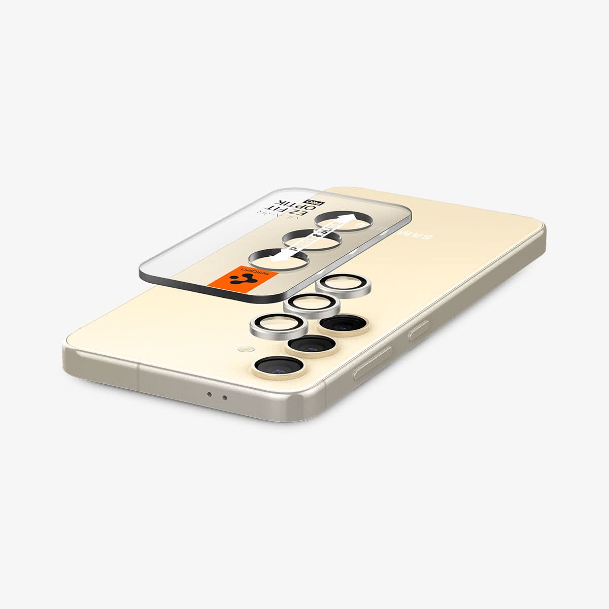 AGL07436 - Galaxy S24 Plus Optik Pro EZ Fit Lens Protector in Yellow showing the camera lens tray hovering above the detached camera lens protector and the device