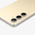 AGL07436 - Galaxy S24 Plus Optik Pro EZ Fit Lens Protector in Yellow showing the lens protector installed on the device zoomed in on a flat surface