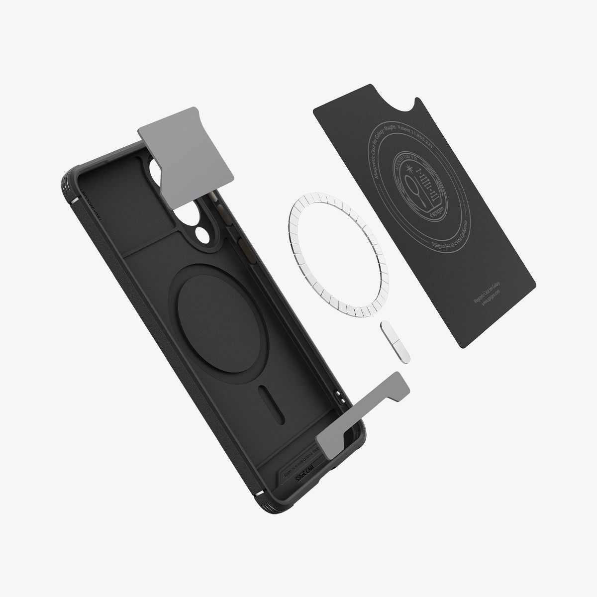 ACS09406 - Galaxy S25 Edge Case Core Armor (MagFit) in Matte Black showing the inner layer with logo detached while hovering above the detached magnet ring, foam and the case