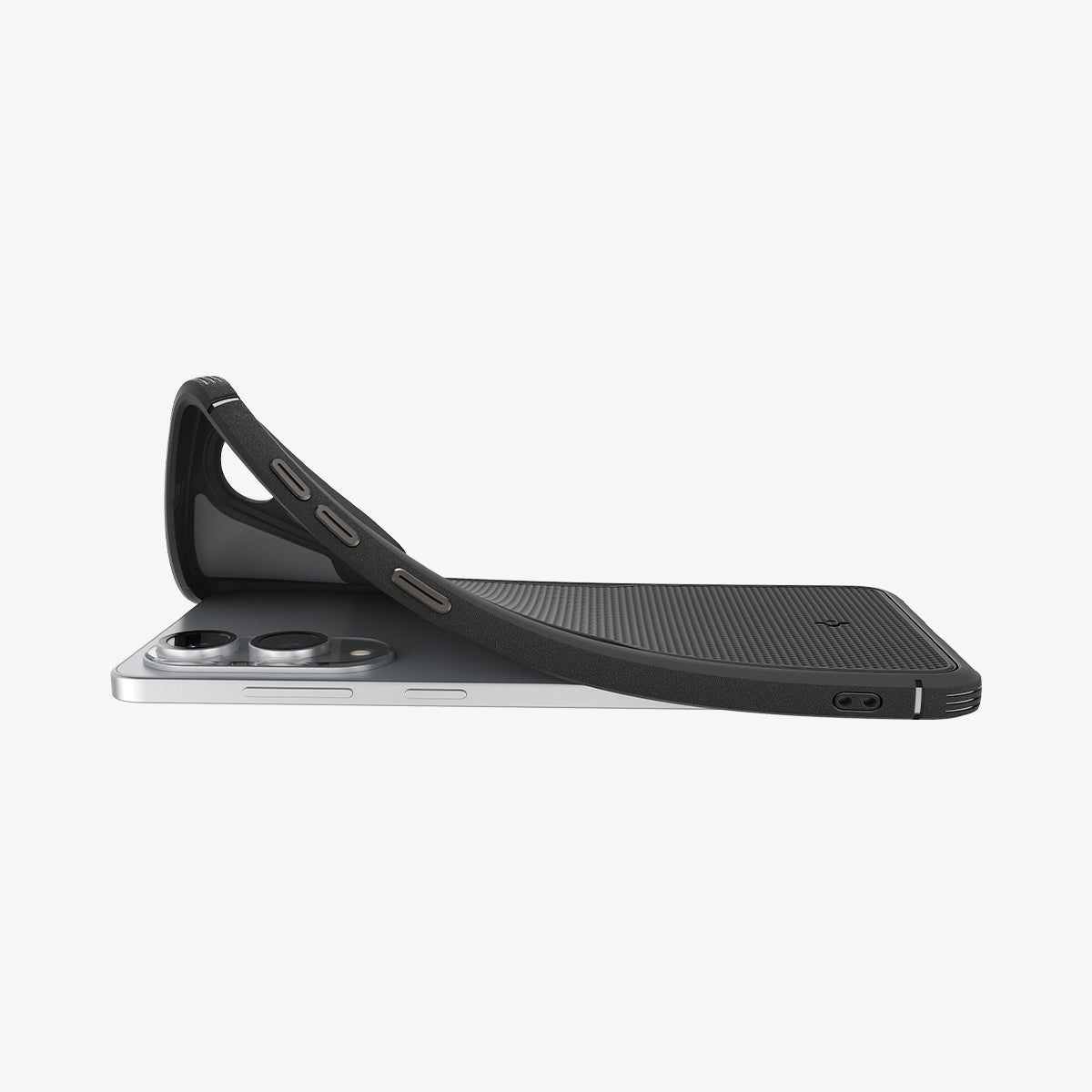 ACS09406 - Galaxy S25 Edge Case Core Armor (MagFit) in Matte Black showing the partial back and side. Corner, slightly lifted exposing parts of the device with the camera