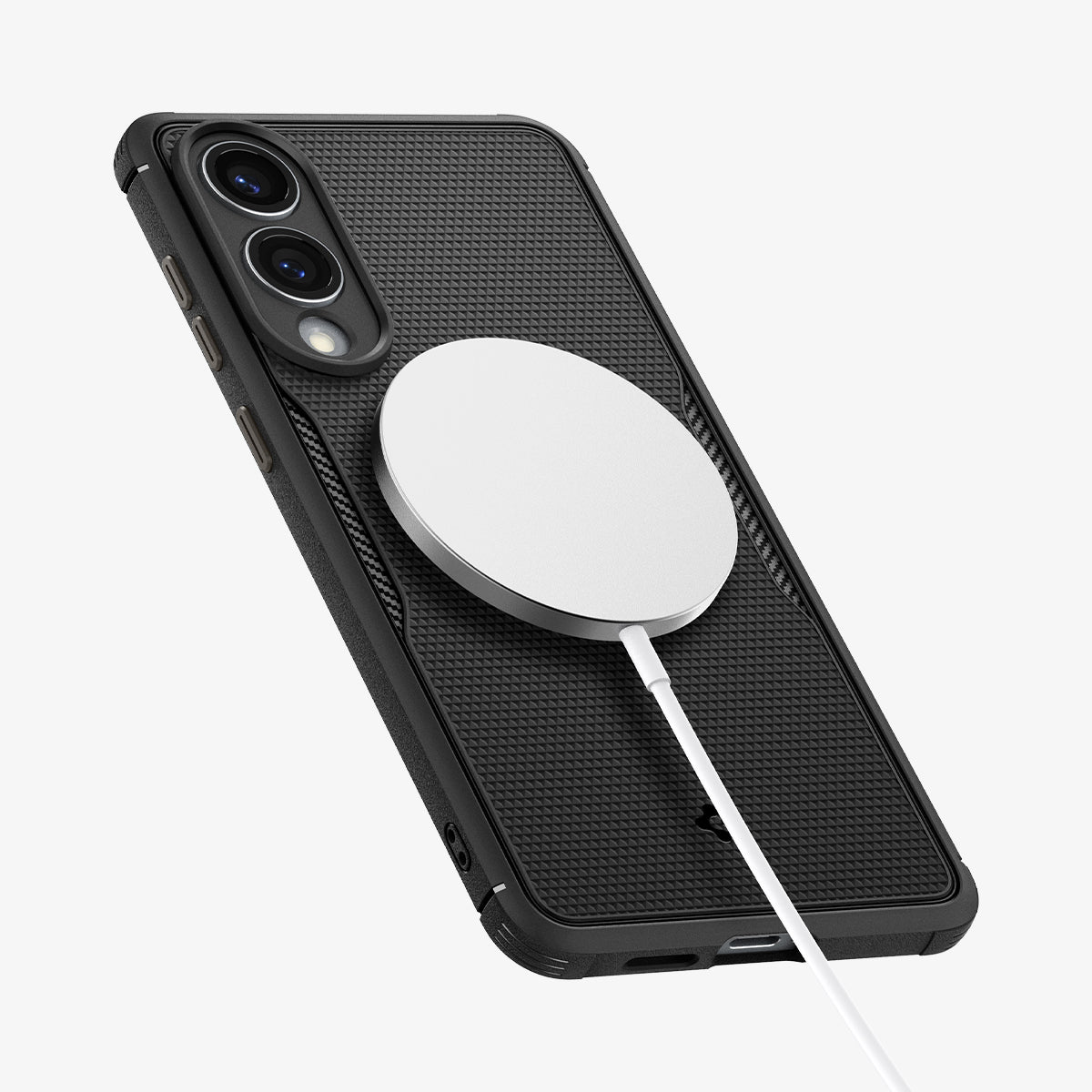 ACS09406 - Galaxy S25 Edge Case Core Armor (MagFit) in Matte Black showing the back, side and bottom with wireless charger attached