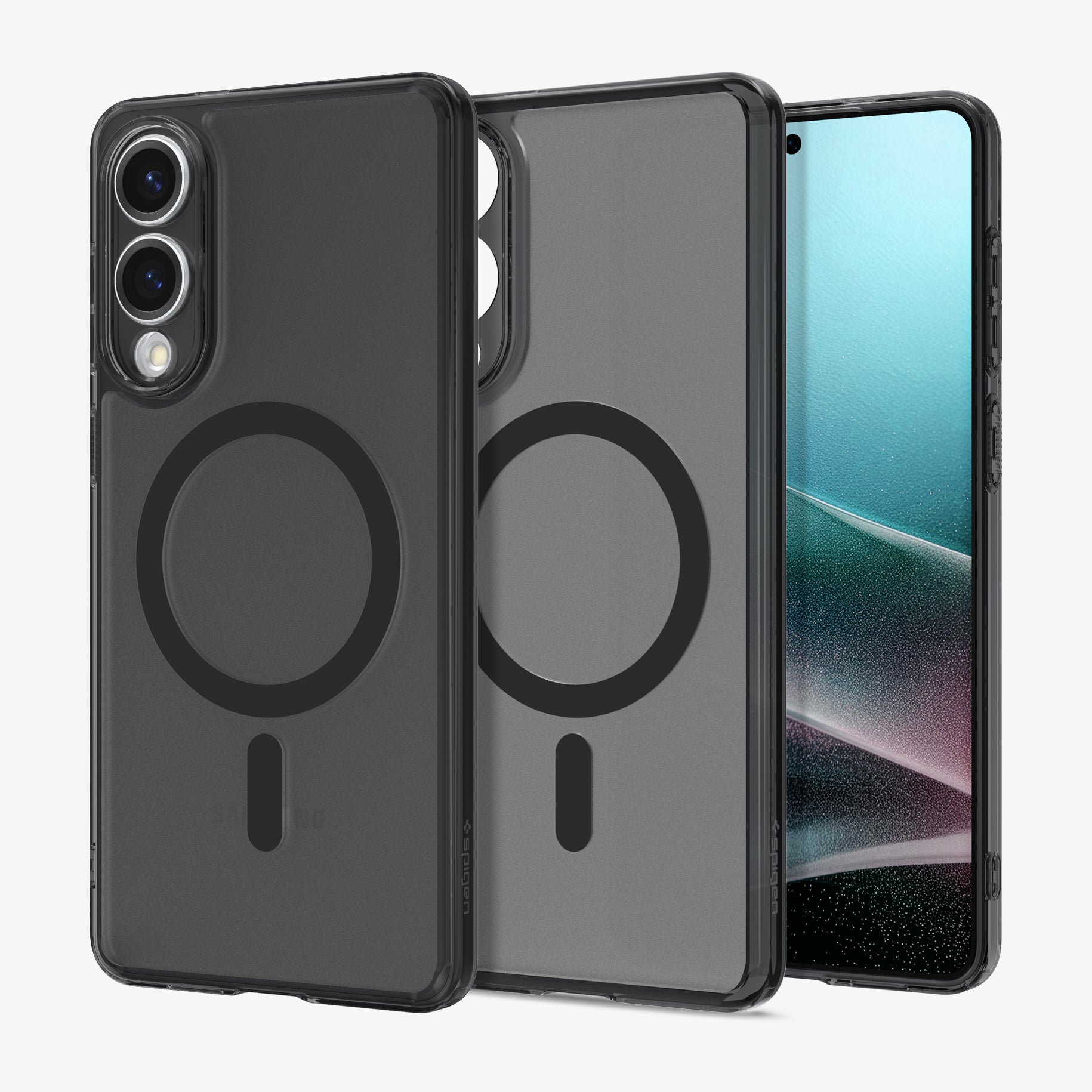 ACS09419 - Galaxy S25 Edge Case Ultra Hybrid (MagFit) in Frost Black showing the back with device attached, partial back of case and partial front