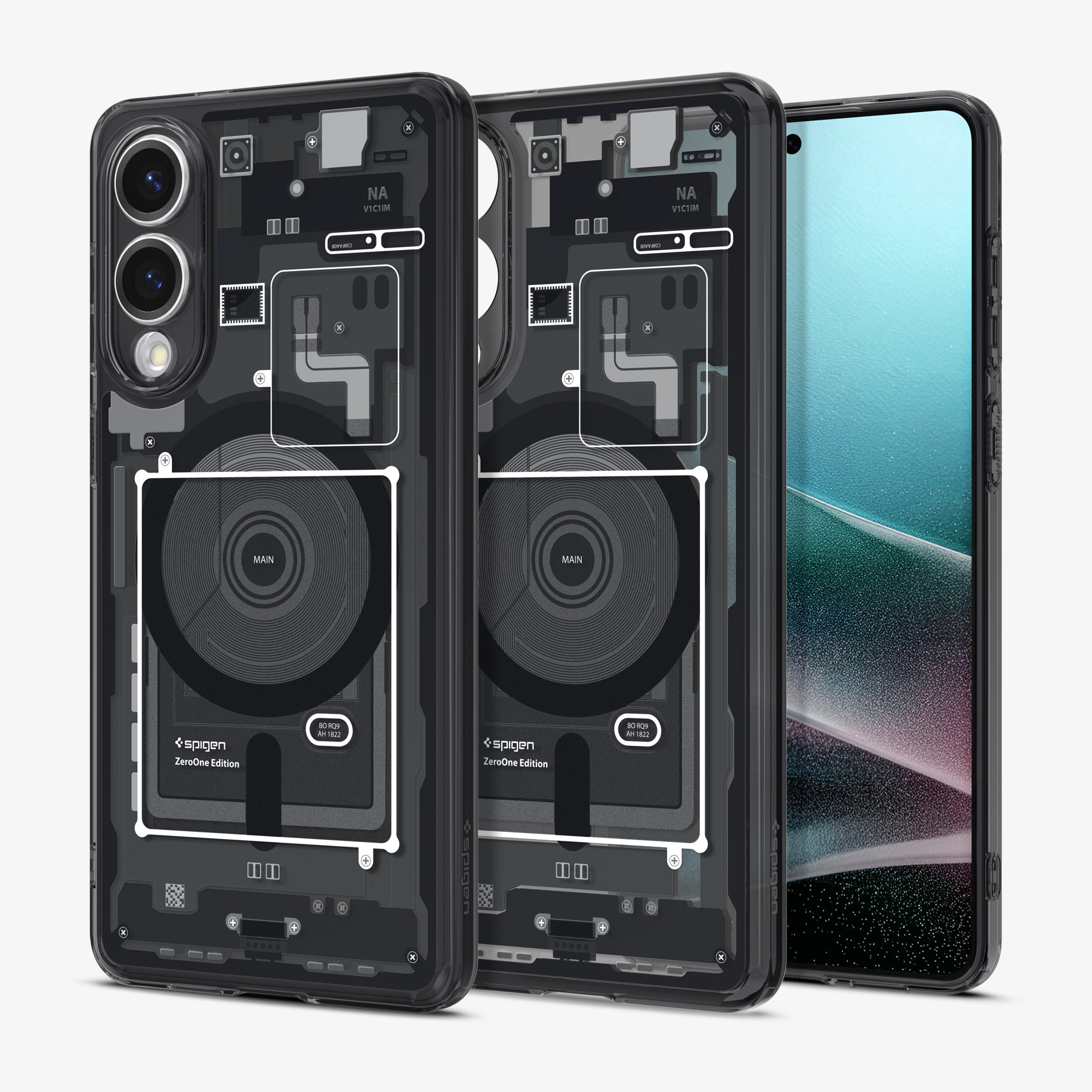 ACS09415 - Galaxy S25 Edge Case Ultra Hybrid Zero One in Zero One Black showing the back with the device, partial back of the case, partial front and sides