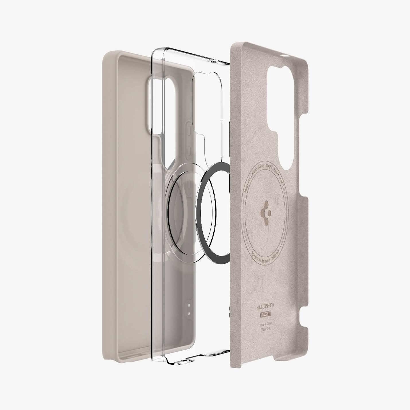 ACS09165 - Galaxy S25 Ultra Case Silicone Fit (MagFit + Qi2 Ready) in Natural Titanium showing the soft inner layer aligning in front of the detached metalring, 2nd layer and back cover of the case