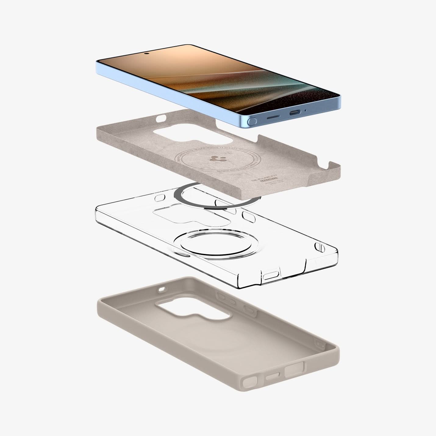 ACS09165 - Galaxy S25 Ultra Case Silicone Fit (MagFit + Qi2 Ready) in Natural Titanium showing the device hovering above the soft inner layer , detached metalring 2nd layer and back cover of the case