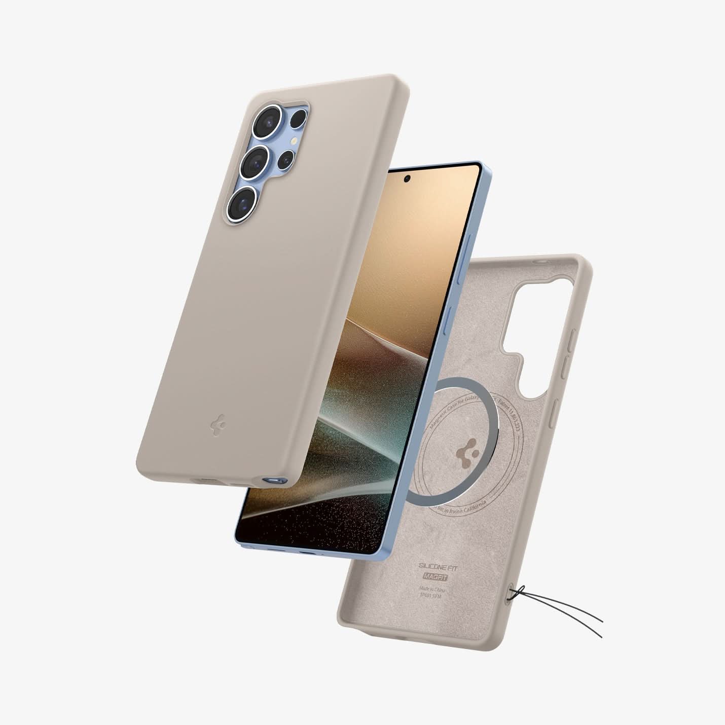 ACS09165 - Galaxy S25 Ultra Case Silicone Fit (MagFit + Qi2 Ready) in Natural Titanium showing the back hovering above the partial front of the device, detached metal ring and back cover of the device