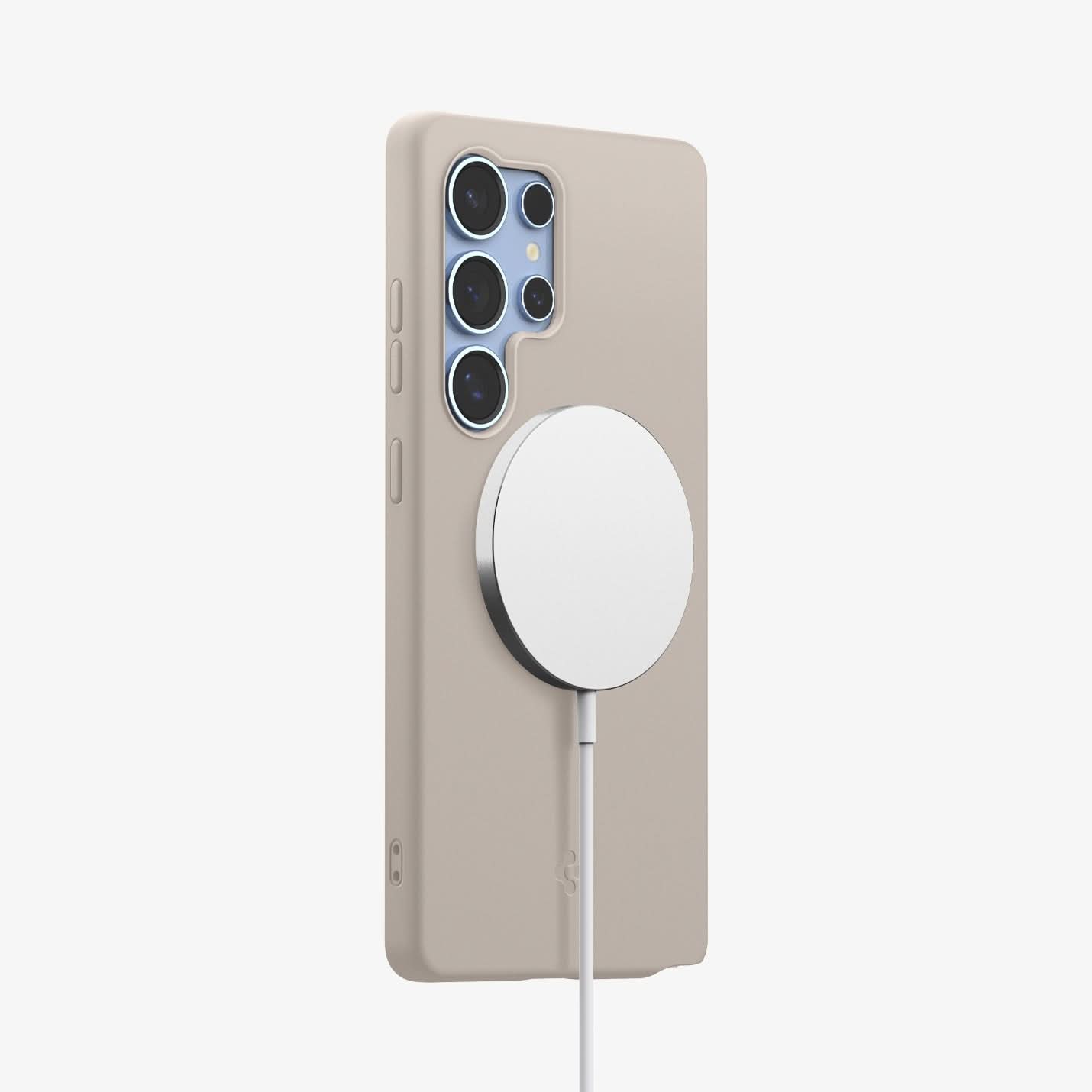 ACS09165 - Galaxy S25 Ultra Case Silicone Fit (MagFit + Qi2 Ready) in Natural Titanium showing the partial back and partial side with magsafe charger attached