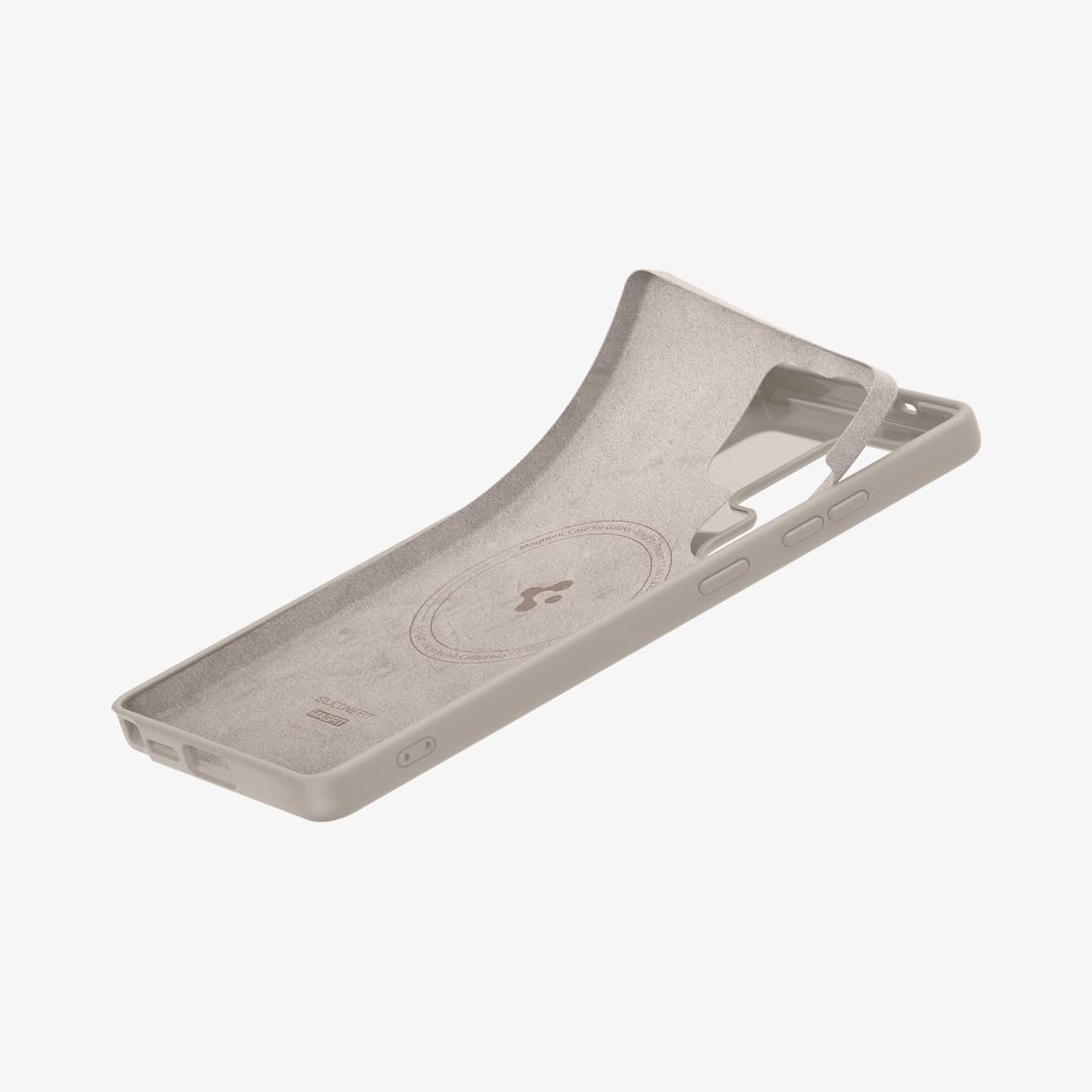 ACS09165 - Galaxy S25 Ultra Case Silicone Fit (MagFit + Qi2 Ready) in Natural Titanium showing the partial side, bottom and inner layer fabric partially peeled off from the back cover of the case