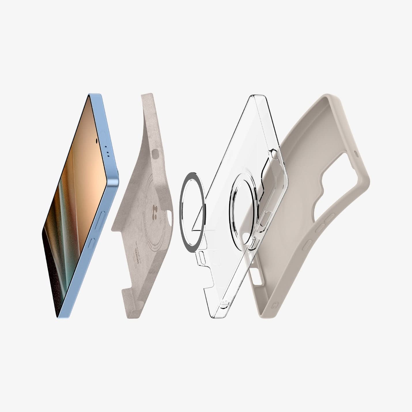 ACS09165 - Galaxy S25 Ultra Case Silicone Fit (MagFit + Qi2 Ready) in Natural Titanium showing the inner hovering in front of the 2nd layer cover, detached metalring first layer cover and the device