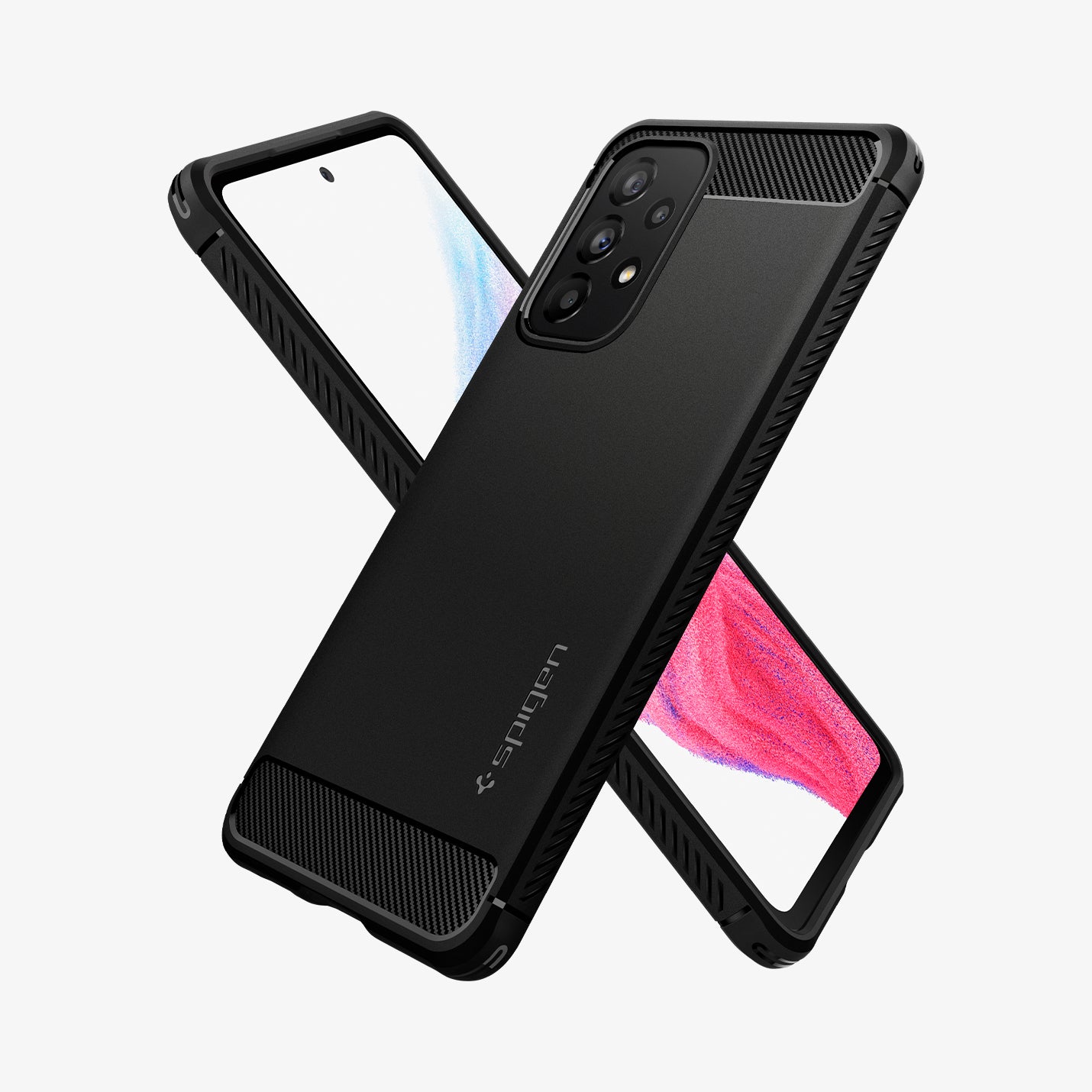 ACS04159 - Galaxy A53 5G Case Rugged Armor in Matte Black showing the back, partial side behind it is another device showing front and partial side
