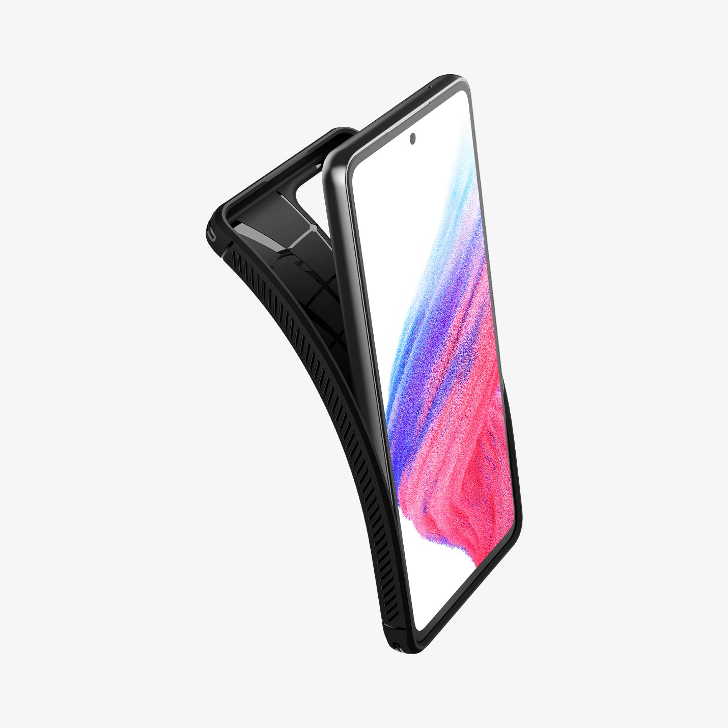 ACS04159 - Galaxy A53 5G Case Rugged Armor in Matte Black showing the front of the device and back case partially peeling off