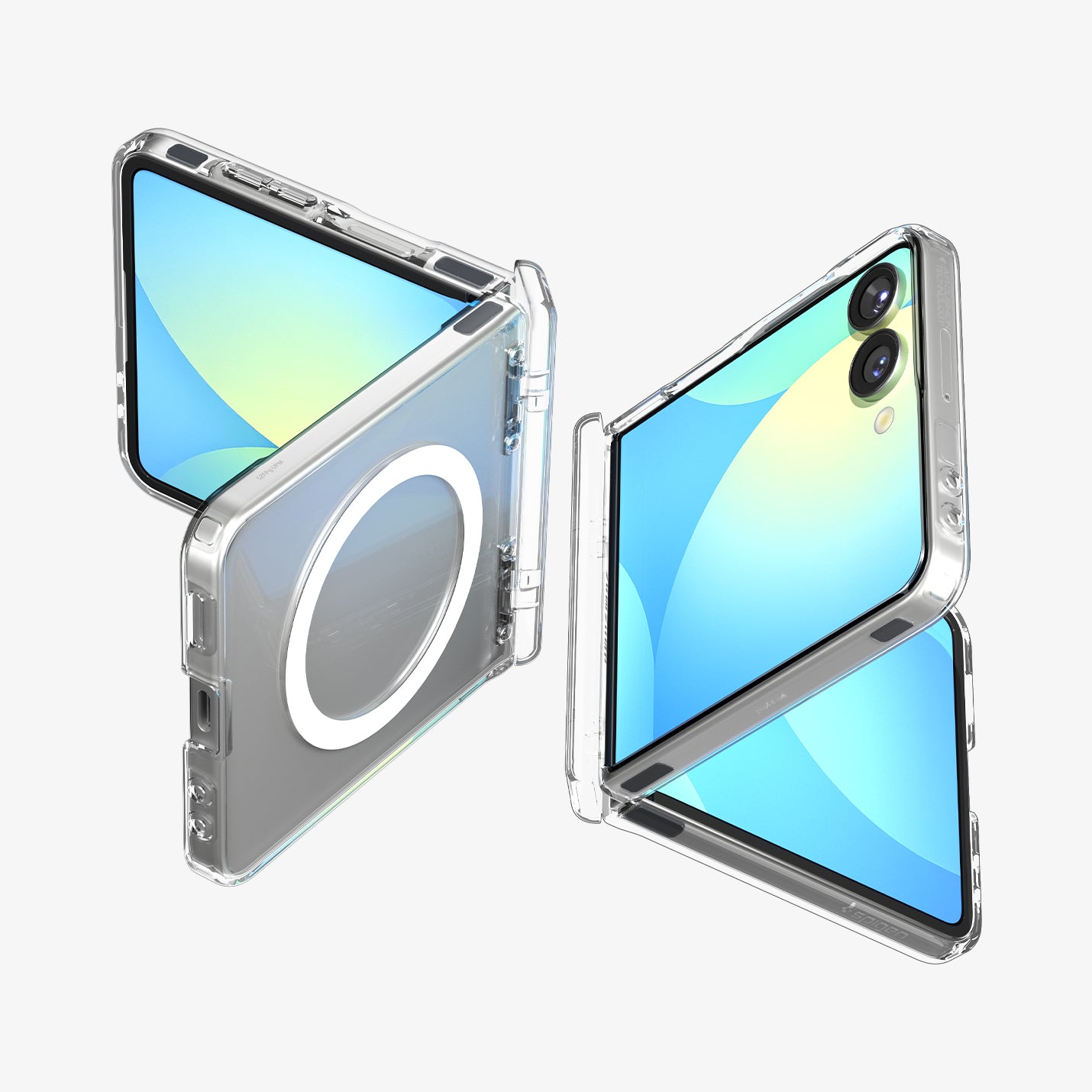ACS09559 - Galaxy Z Flip 7 Case Ultra Hybrid Pro (MagFit) in clear white showing the front, back and sides of two devices