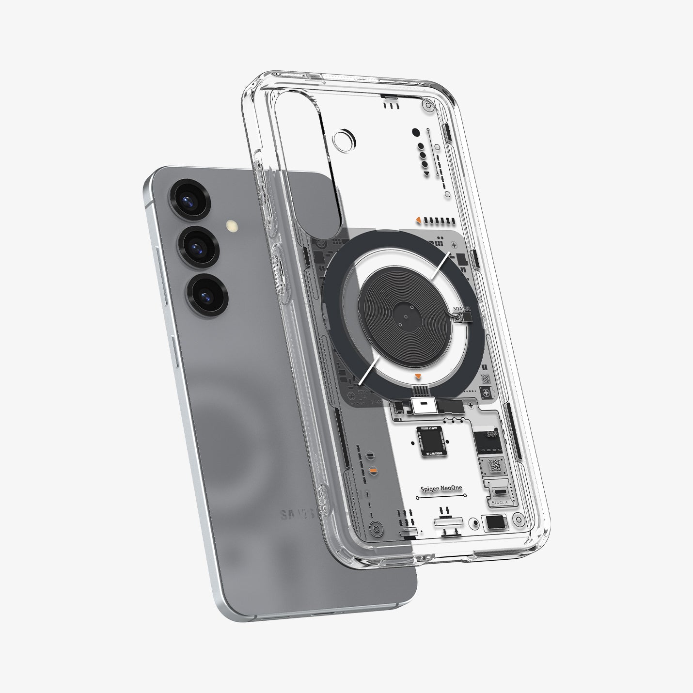ACS09470 - Galaxy S25 Case Ultra Hybrid Metal Ring Neo One (MagFit) in Neo One showing the back, partial side and bottom hovering above the device