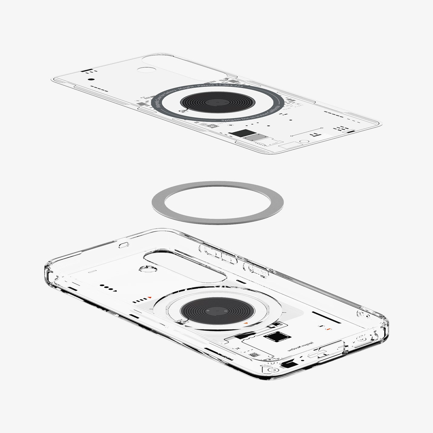 ACS09470 - Galaxy S25 Case Ultra Hybrid Metal Ring Neo One (MagFit) in Neo One showing the inner layer hovering above the detached magring and the case
