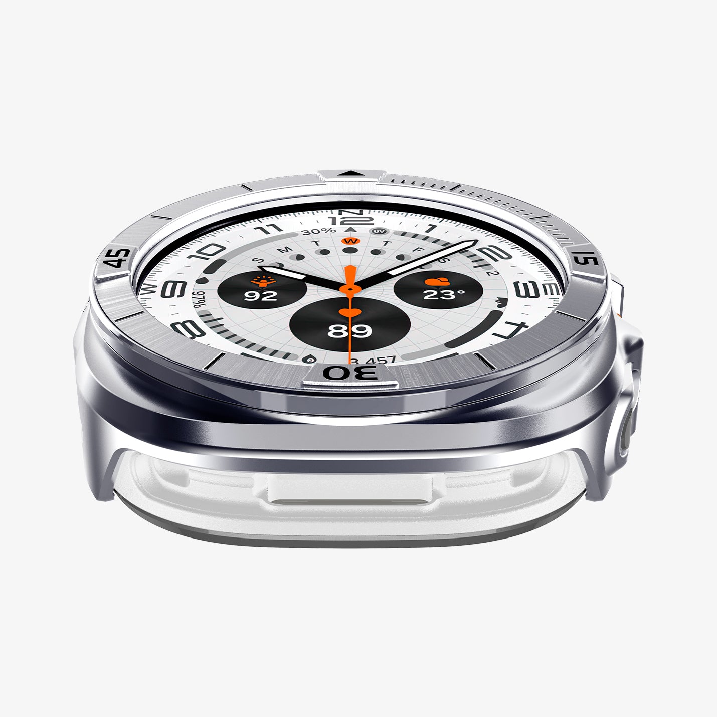 ACS08828 - Watch Ultra (47mm) Case Bezel Tune Pro in Silver showing the front and partial side of an apple watch head without a strap