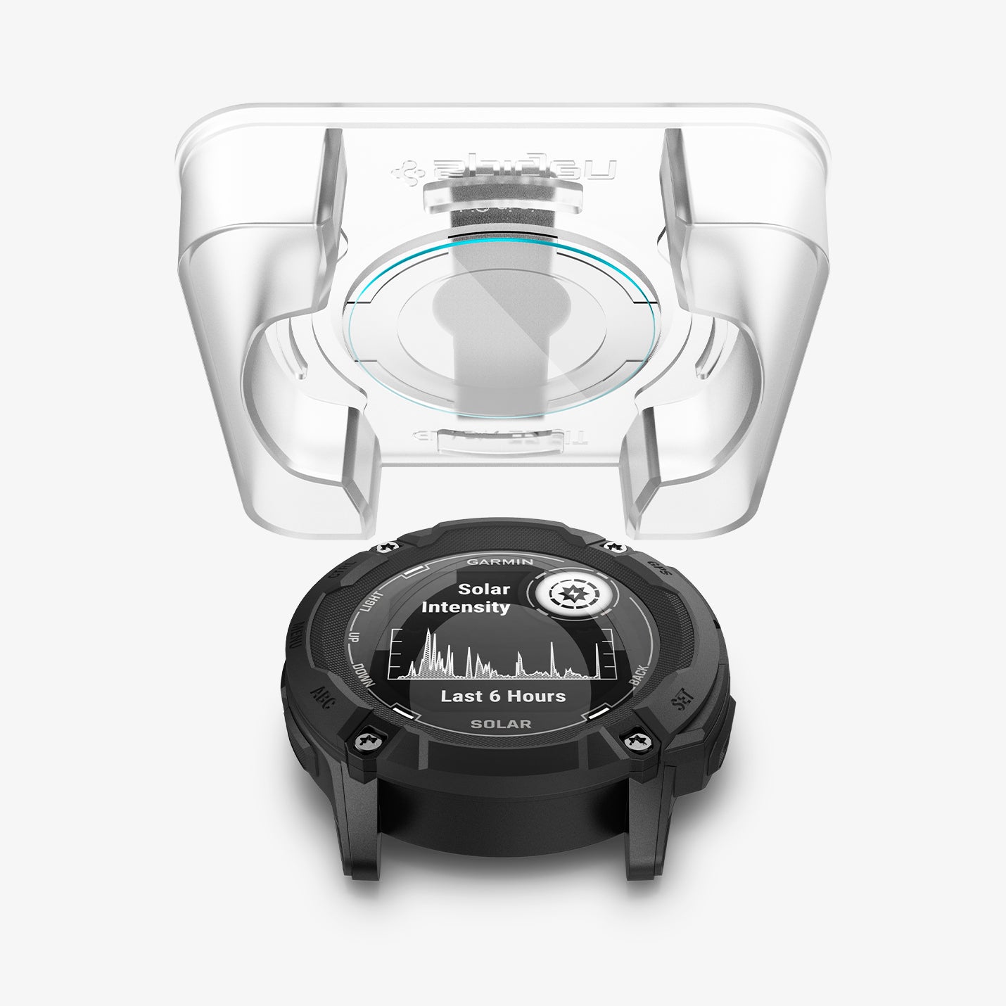 AGL09345 - Instinct 2X Solar Transparency showing the ez fit tray hovering above the watch face