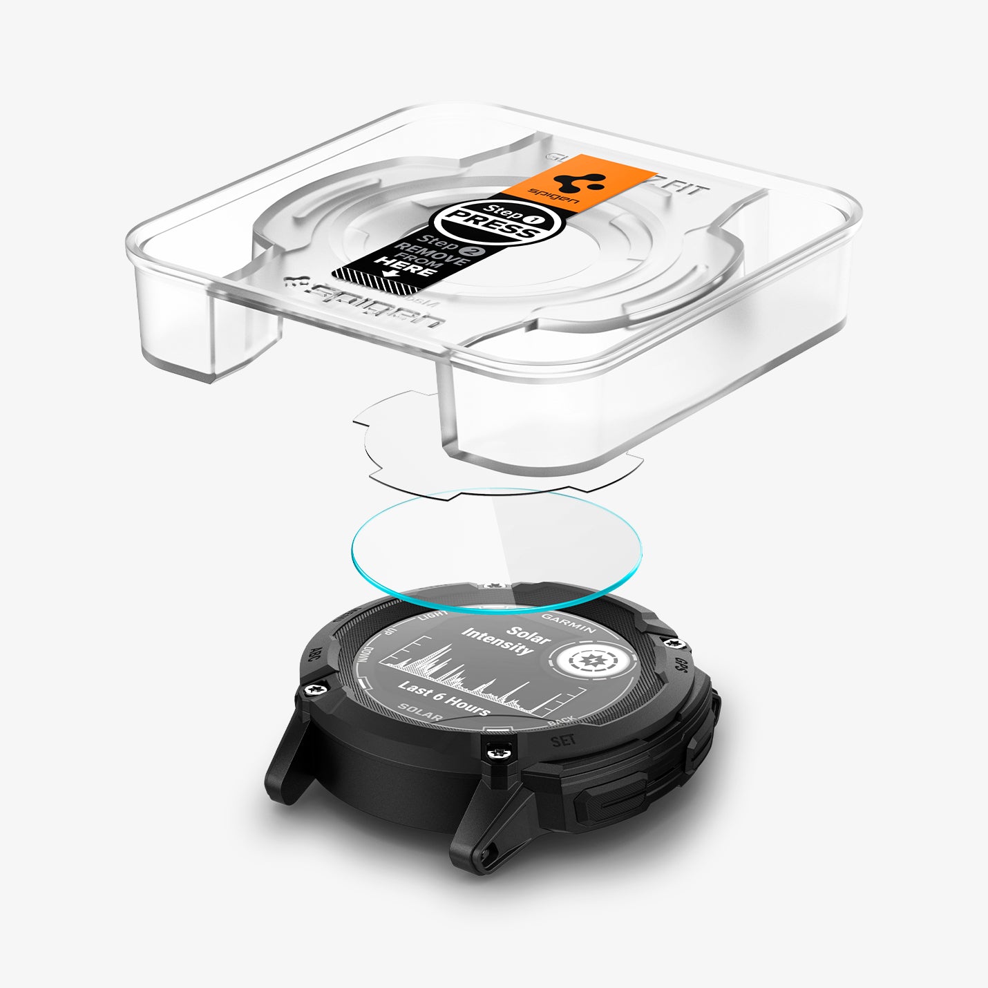 AGL09345 - Instinct 2X Solar Transparency showing the ez fit tray and screen protector hovering above the watch face