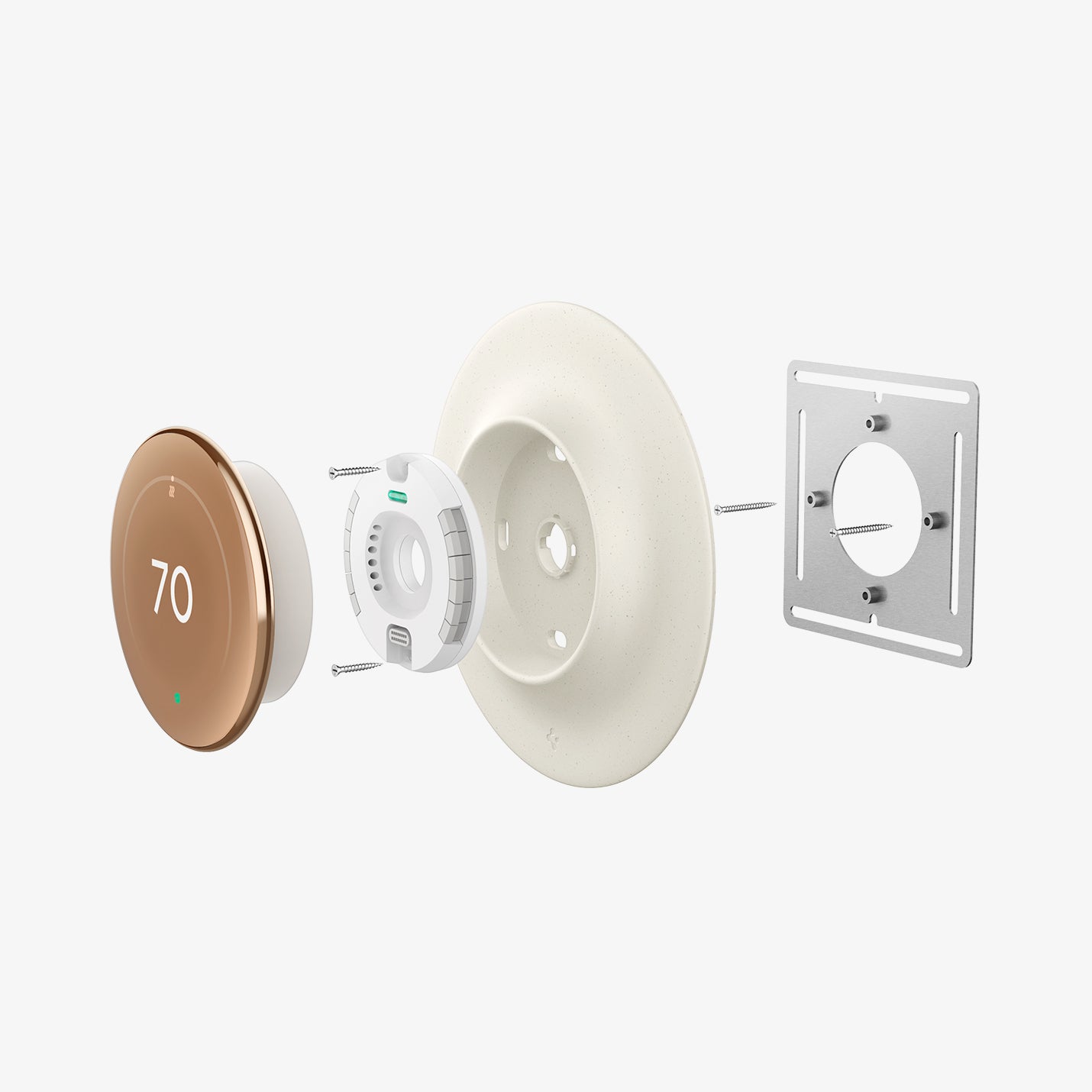 AHP09220 - Google Nest Learning Thermostat 4th Gen Wall Plate in Dune Beige showing the detached parts hovering in front showing the sides
