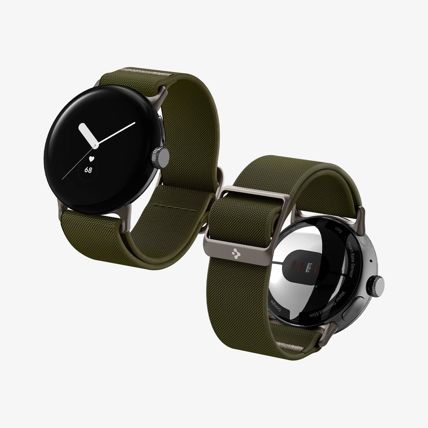 AMP07608 - Pixel Watch Lite Fit in Khaki showing the partial sides, back and partial inner side of the band of 2 pixel watches side by side
