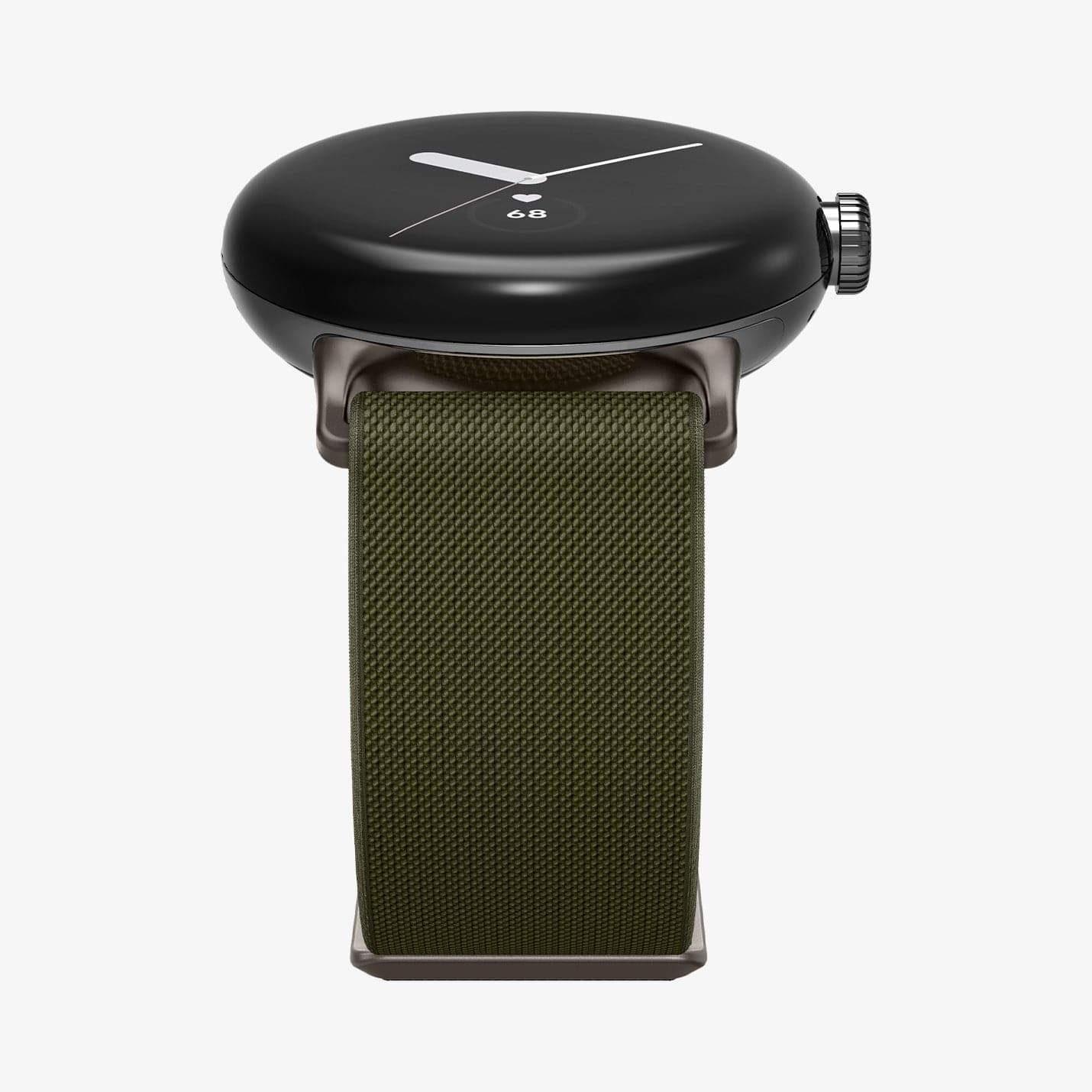 AMP07608 - Pixel Watch Lite Fit in Khaki showing the side and partial bottom