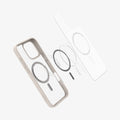 ACS08138 - iPhone 16 Pro Case Ultra Hybrid (MagFit) in Frost Natural Titanium showing the front of soft inner layer hovering above the magsafe magnet plate and the case