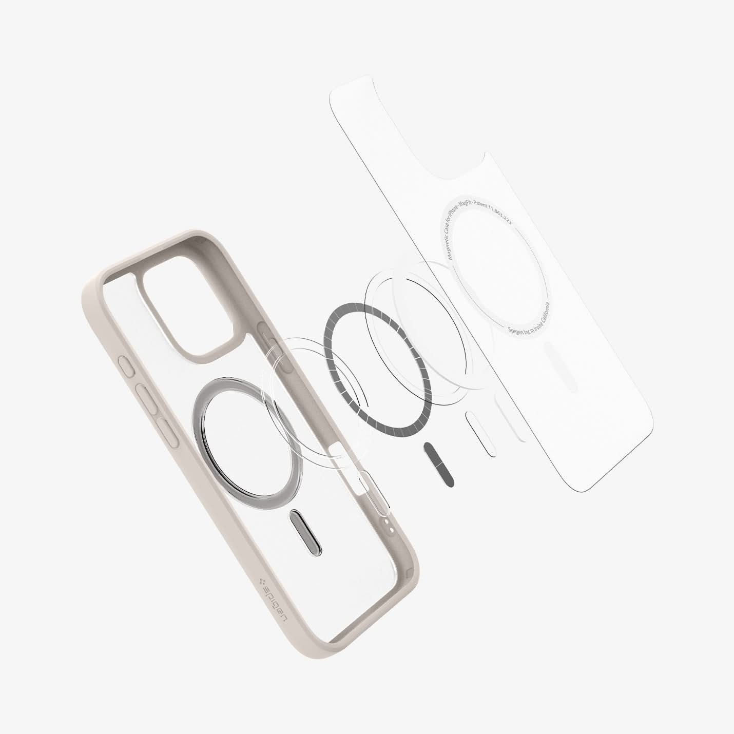 ACS08138 - iPhone 16 Pro Case Ultra Hybrid (MagFit) in Frost Natural Titanium showing the front of soft inner layer hovering above the magsafe magnet plate and the case