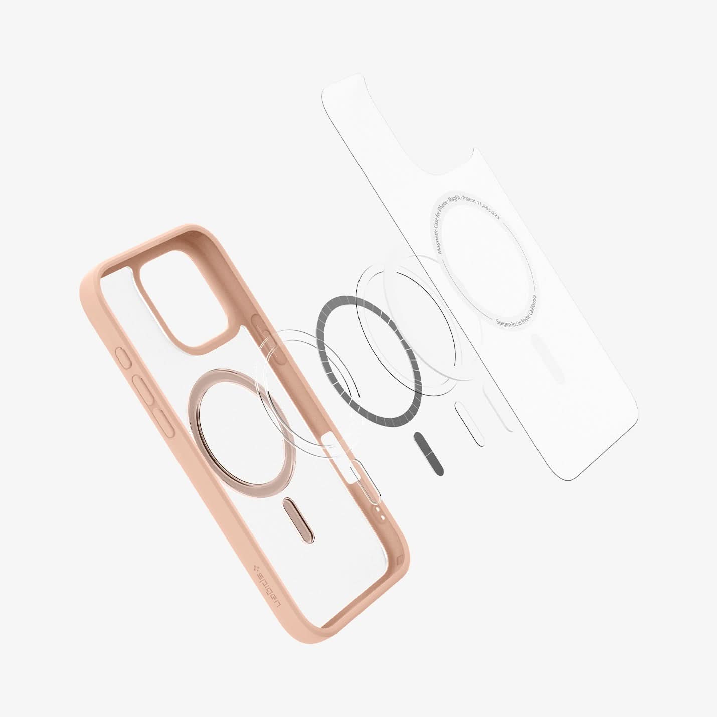 ACS08694 - iPhone 16 Pro Case Ultra Hybrid (MagFit) in Frost Rose Titanium showing the front of soft inner layer hovering above the magsafe magnet plate and the case