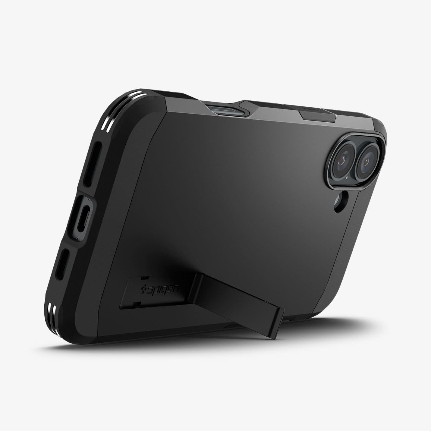 ACS08216 - iPhone 16 Case Tough Armor AI (MagFit) in Black showing the back, partial side and bottom with built-in kickstand propped up