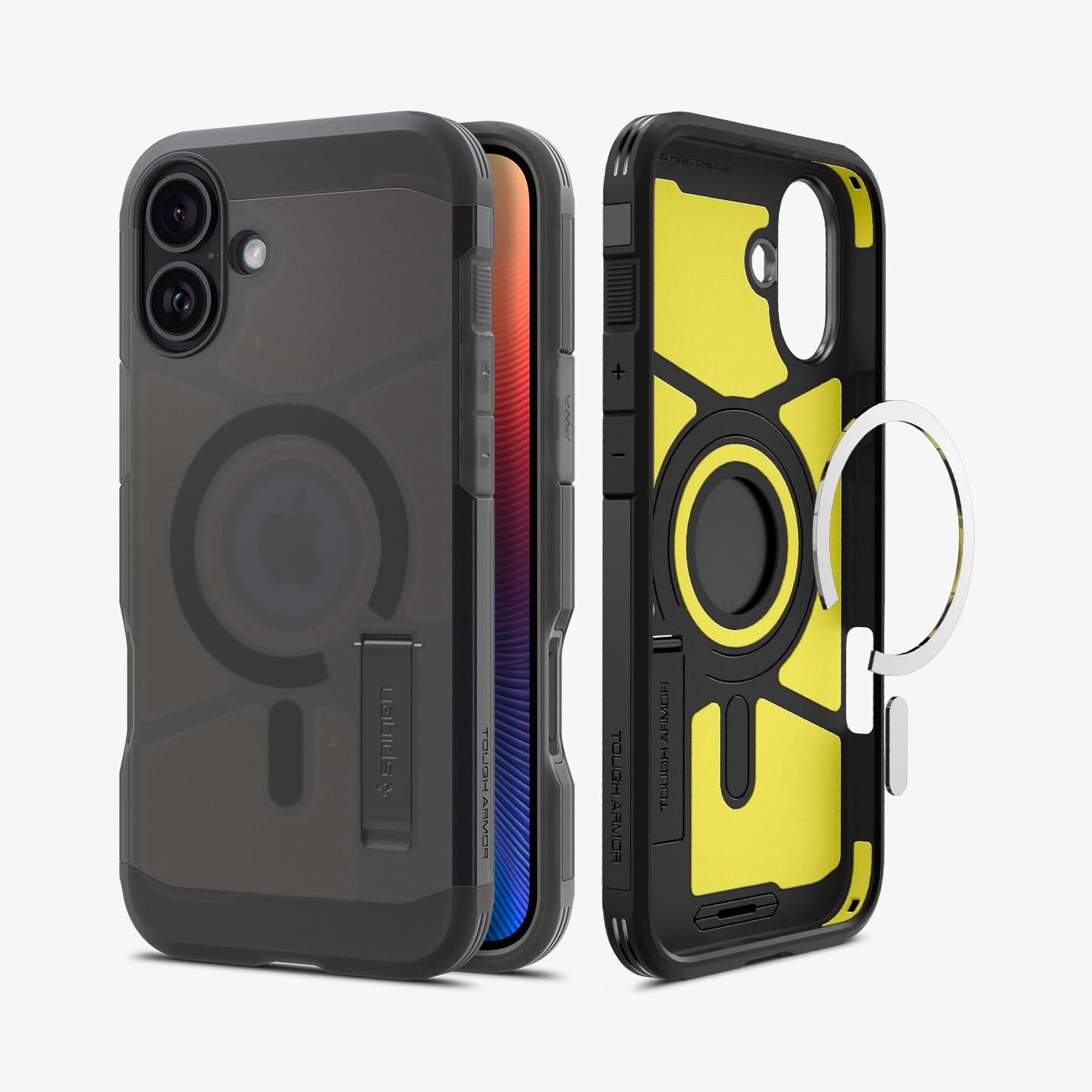 ACS08515 - iPhone 16 Case Tough Armor AI (MagFit) in Frost Black showing the back, partial sides and front, metal ring plate detached from the inner case