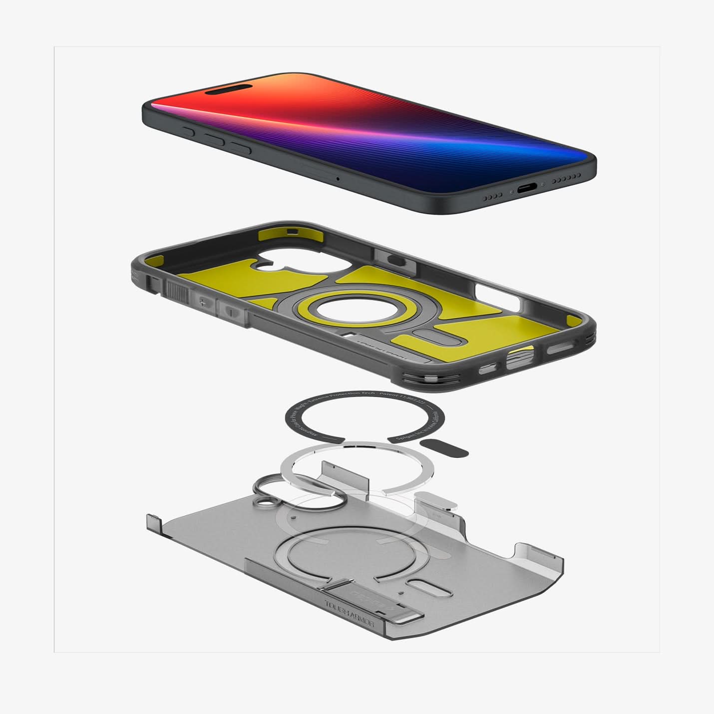 ACS08515 - iPhone 16 Case Tough Armor AI (MagFit) in Frost Black showing the front of the device hovering above the back case, detached from magnet ring plate and the back layer of the case