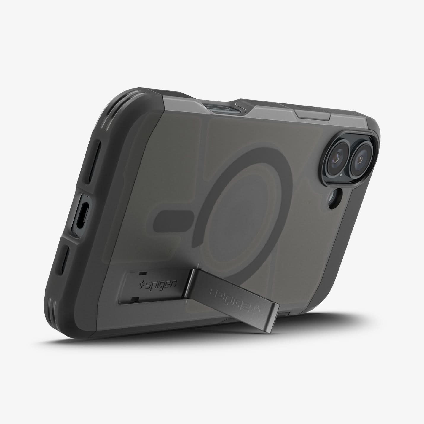 ACS08515 - iPhone 16 Case Tough Armor AI (MagFit) in Frost Black showing the back, partial side and bottom with built-in kickstand propped up