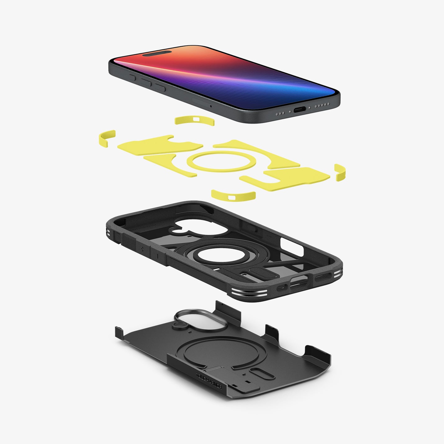 ACS08386 - iPhone 16 Case Tough Armor AI in Black showing the device hovering above the inner foam, frame and back cover of the case