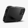 ACS08146 - iPhone 16 Pro Case Tough Armor AI (MagFit) in Black showing the back, partial side and bottom with built-in kickstand propped up
