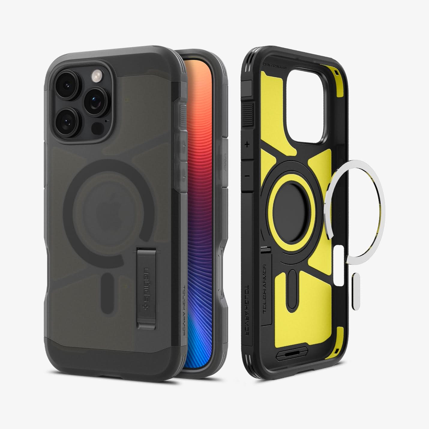 ACS08509 - iPhone 16 Pro Case Tough Armor AI (MagFit) in Frost Black showing the back, partial sides and front, metal ring plate detached from the inner case