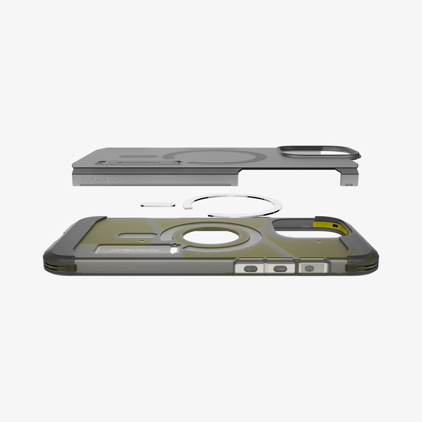 ACS08509 - iPhone 16 Pro Case Tough Armor AI (MagFit) in Frost Black showing the partial back layer detached hovering above the metal ring plate and back of the case
