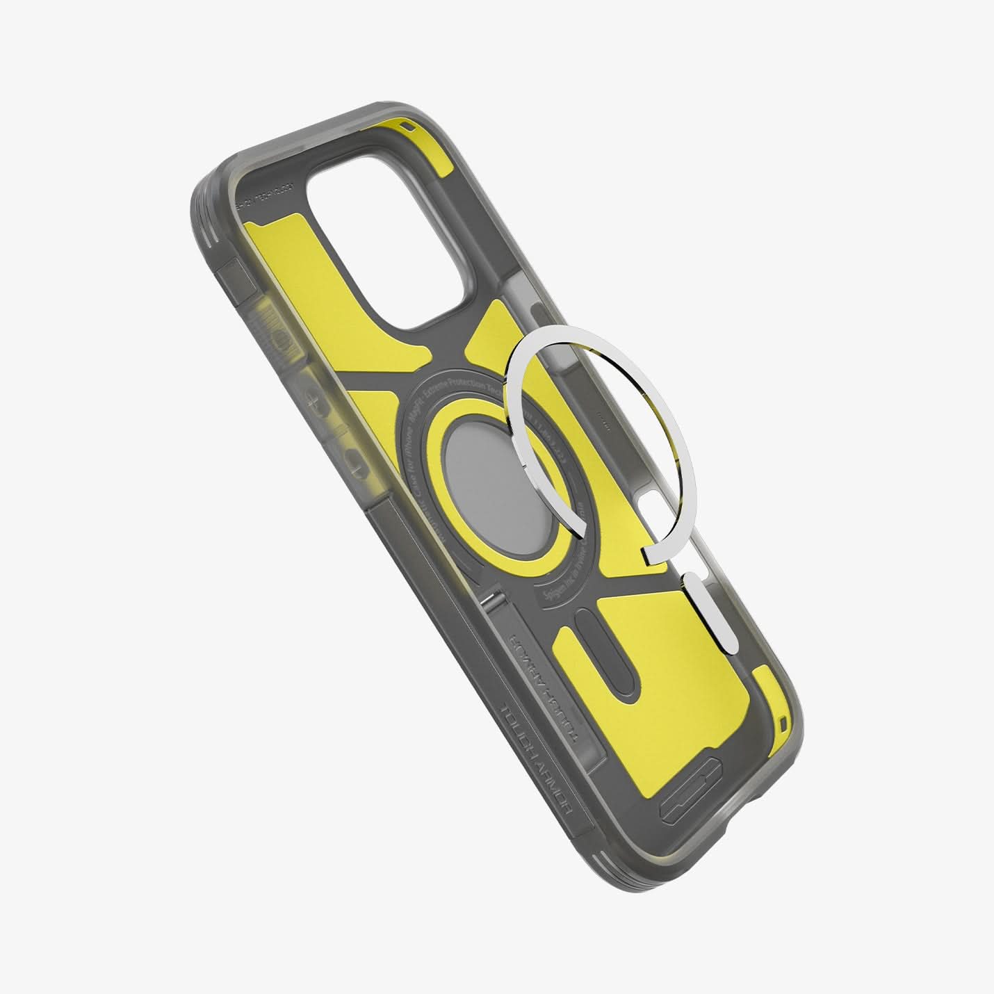ACS08509 - iPhone 16 Pro Case Tough Armor AI (MagFit) in Frost Black showing the metal ring plate hovering, detached from the case