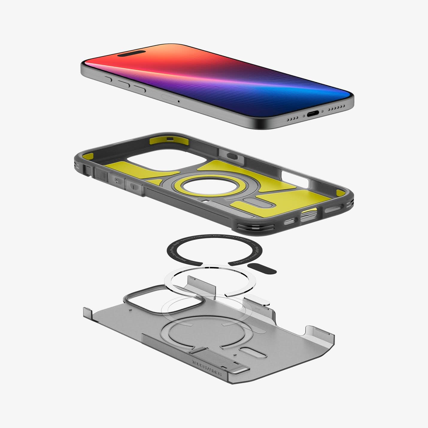 ACS08502 - iPhone 16 Pro Max Case Tough Armor AI (MagFit) in Frost Black showing the front of the device hovering above the back case, detached from magnet ring plate and the back layer of the case