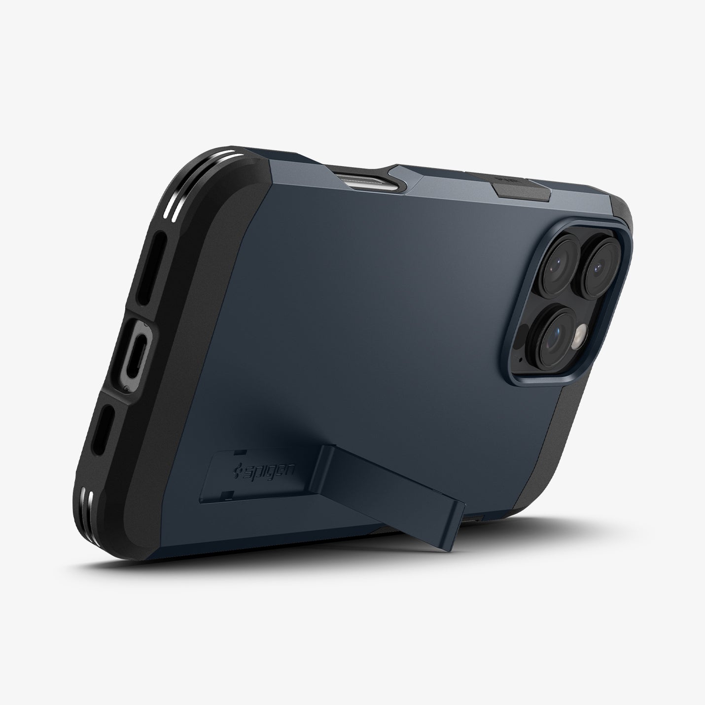 ACS08014 - iPhone 16 Pro Max Case Tough Armor AI (MagFit) in Metal Slate showing the back back, partial side and bottom with built-in kickstand propped up