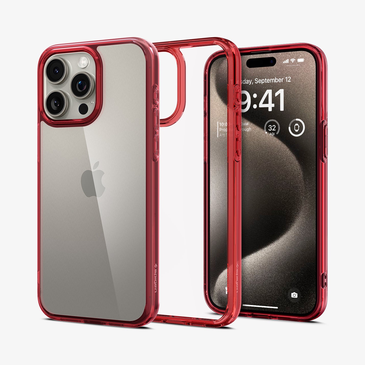 ACS07055 - iPhone 15 Pro Case Ultra Hybrid in red crystal showing the back, inside and front