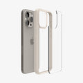 ACS07214 - iPhone 15 Pro Ultra Hybrid Case in Natural Titanium showing the back of glass case hovering the hard layer case frame and device