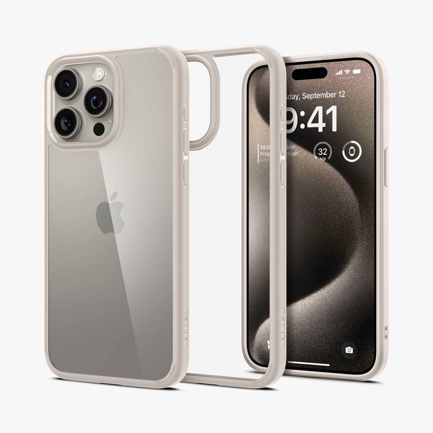 ACS07209 - iPhone 15 Pro Max Ultra Hybrid Case in Natural Titanium showing the back, parallel to the hard layer case and device