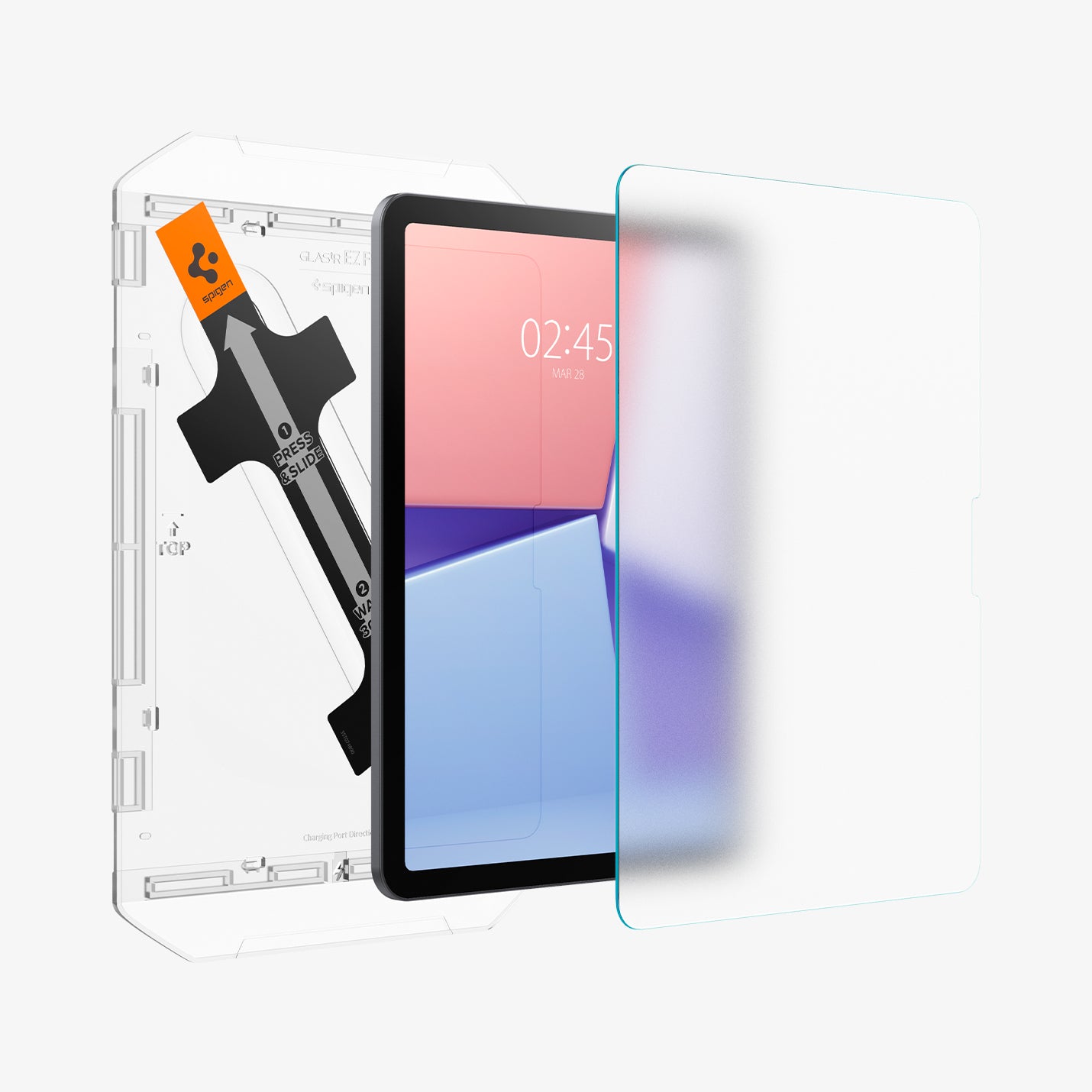 AGL07799 - iPad Air 10.9-inch Paper Touch EZ Fit in Clear showing the screen protector hovering in front of the device and ez fit tray