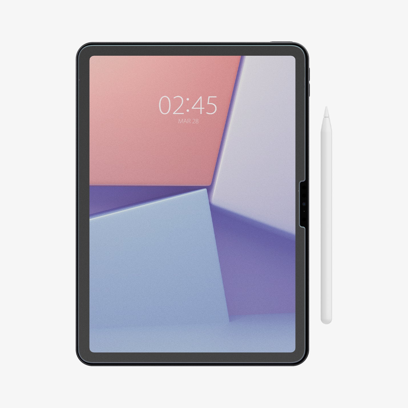 AGL07799 - iPad Air 10.9-inch Paper Touch EZ Fit in Clear showing the front of the device with screen protector installed and with a stylus pen beside it