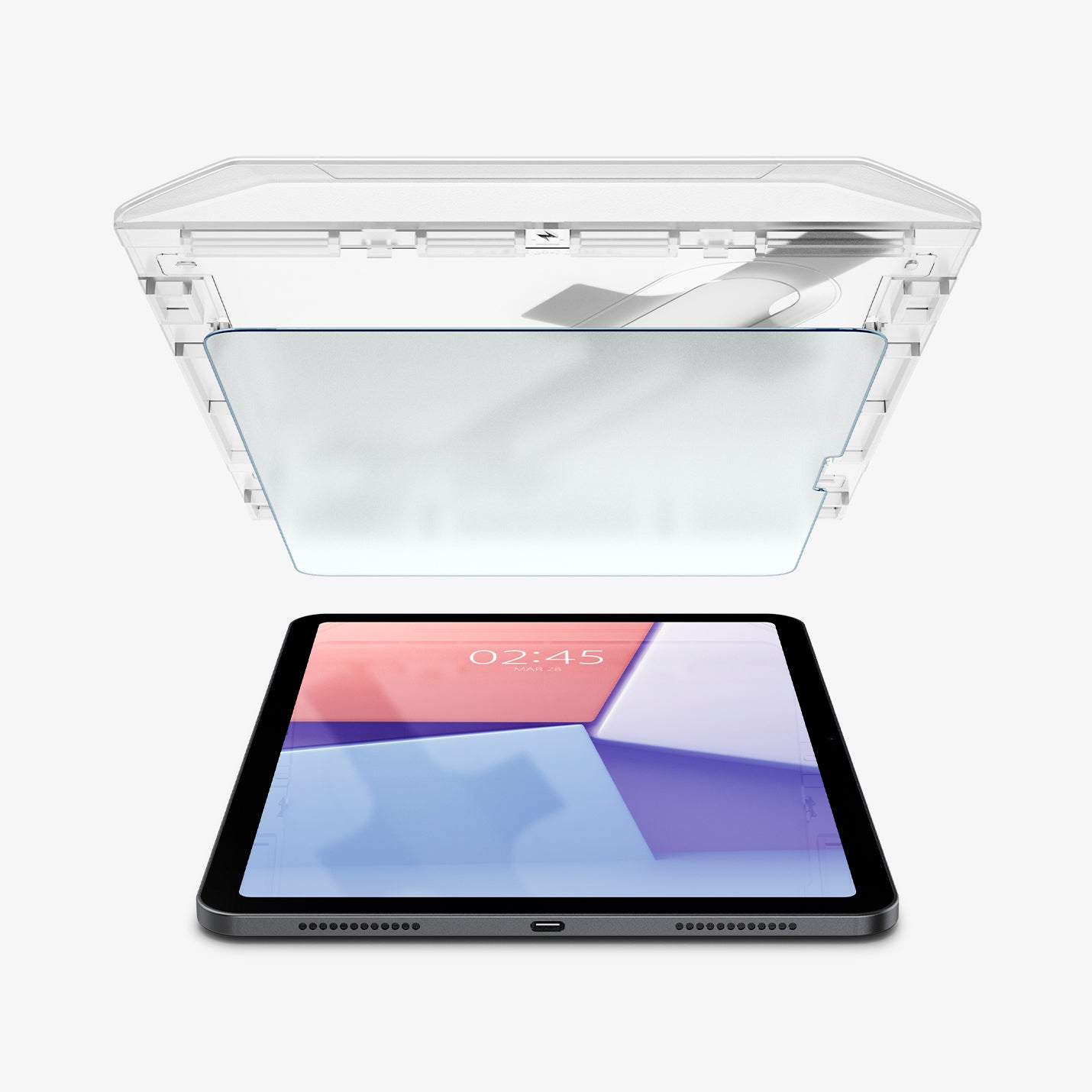 AGL07799 - iPad Air 10.9-inch Paper Touch EZ Fit in Clear showing the ez fit tray and screen protector hovering above the device