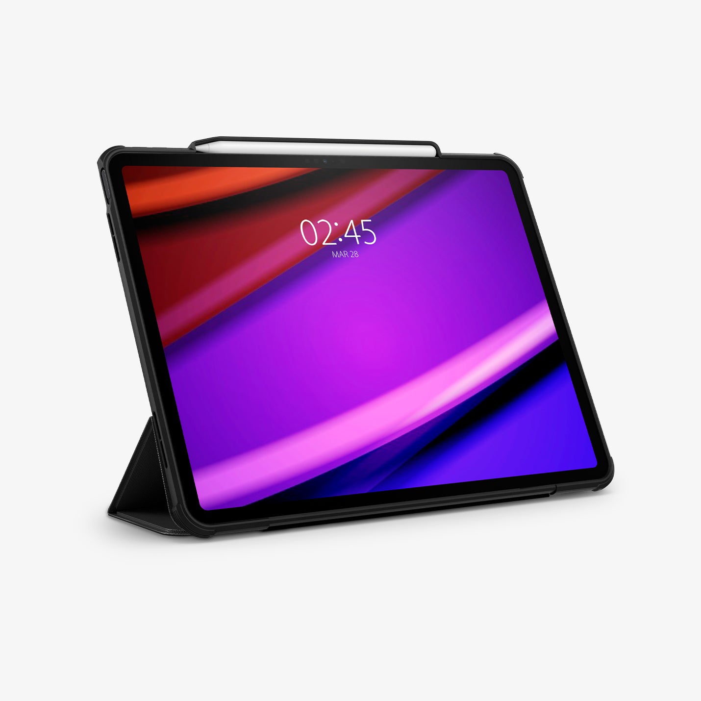 ACS07669 - iPad Air 12.9-inch Case Rugged Armor Pro in Black showing the front with front cover propped up as a kickstand and a stylus pen attached