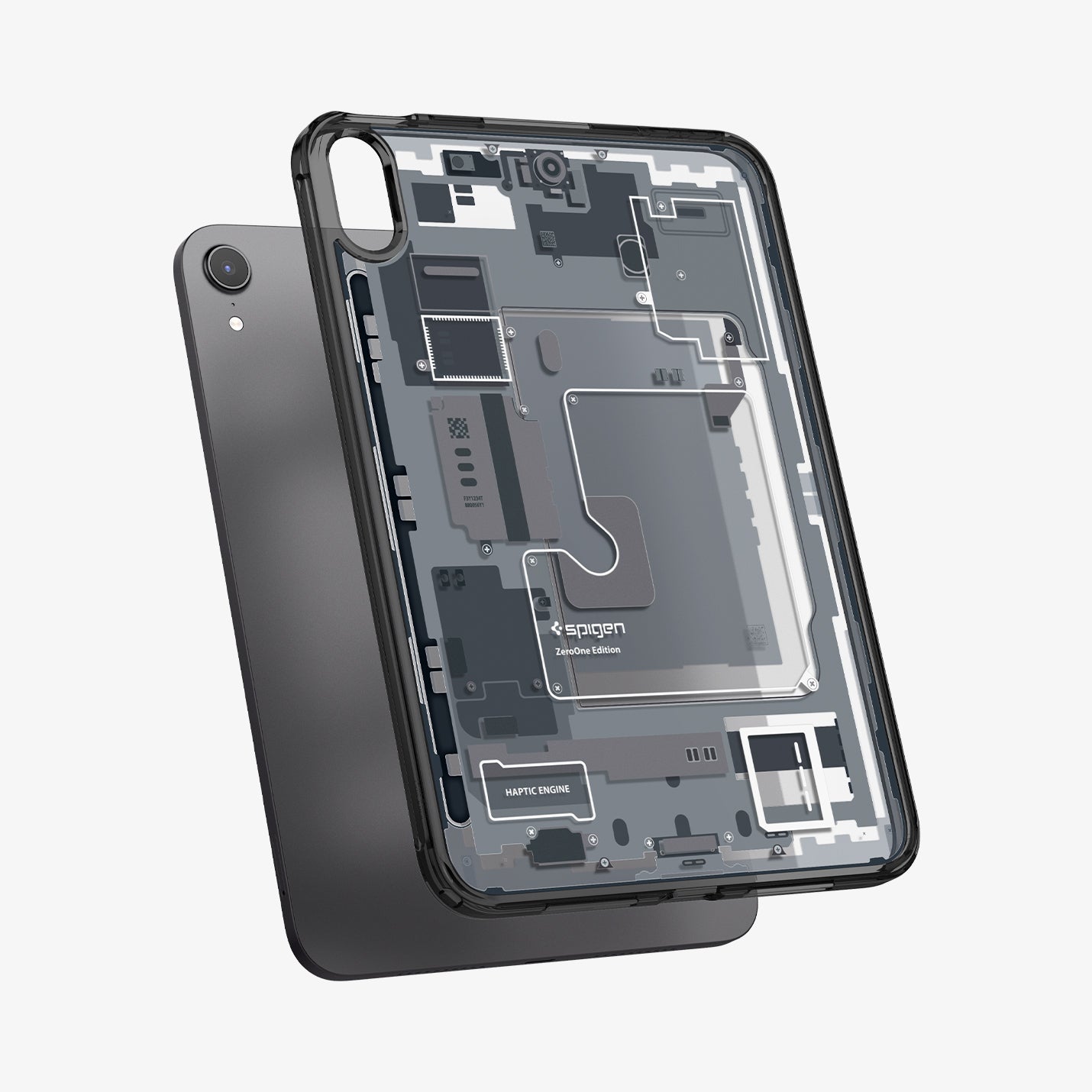 ACS09162 - iPad Mini 7 Case Ultra Hybrid Zero One showing the back, partial side and bottom hovering in front of the device