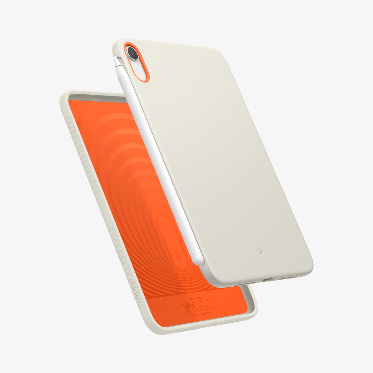 ACS09232 - iPad Mini 7 Case Nano Pop in Orange Beige showing the back, partial inner and sides with stylus pen attached