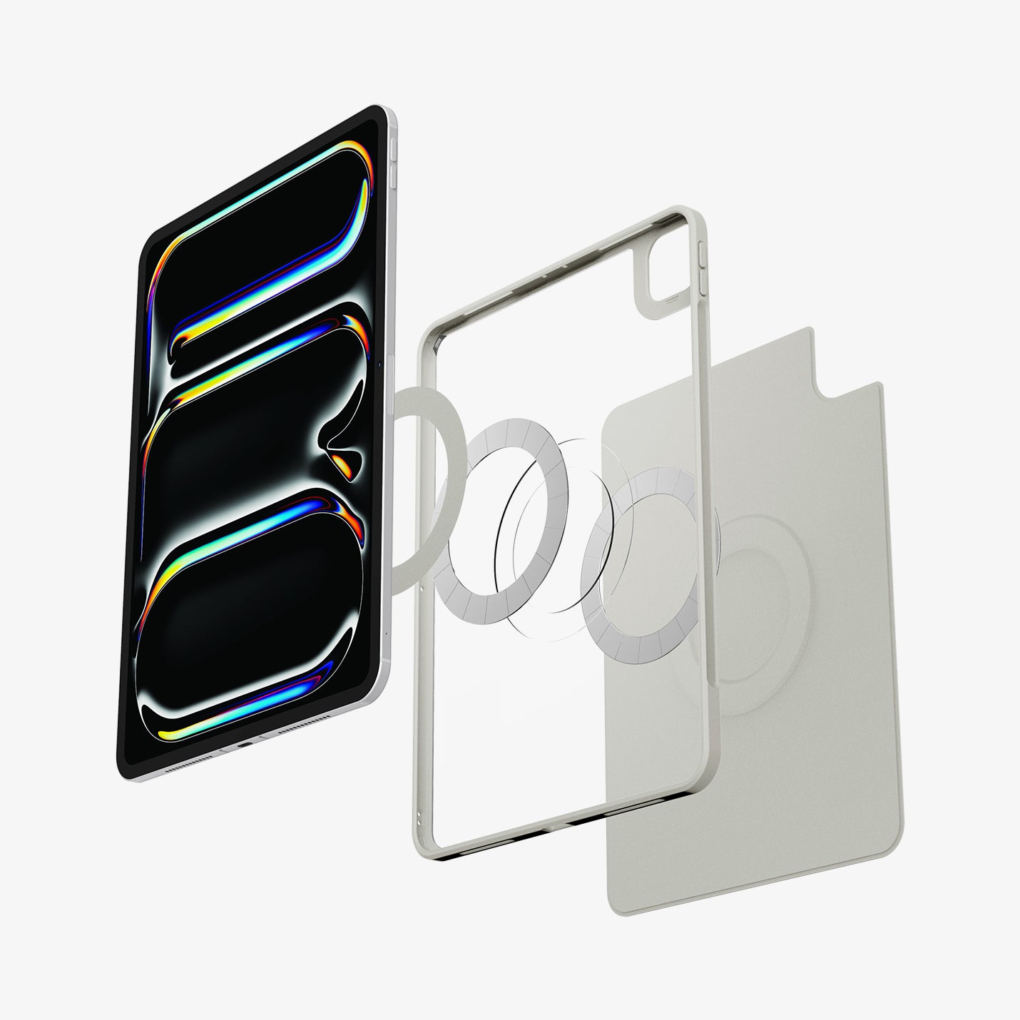 ACS08490 - iPad Pro 11-inch (2024) Case Air Skin Pro OneTap in Gray showing the device hovering in front of the detached magnet metal ring, tpu frame and the backing of the case