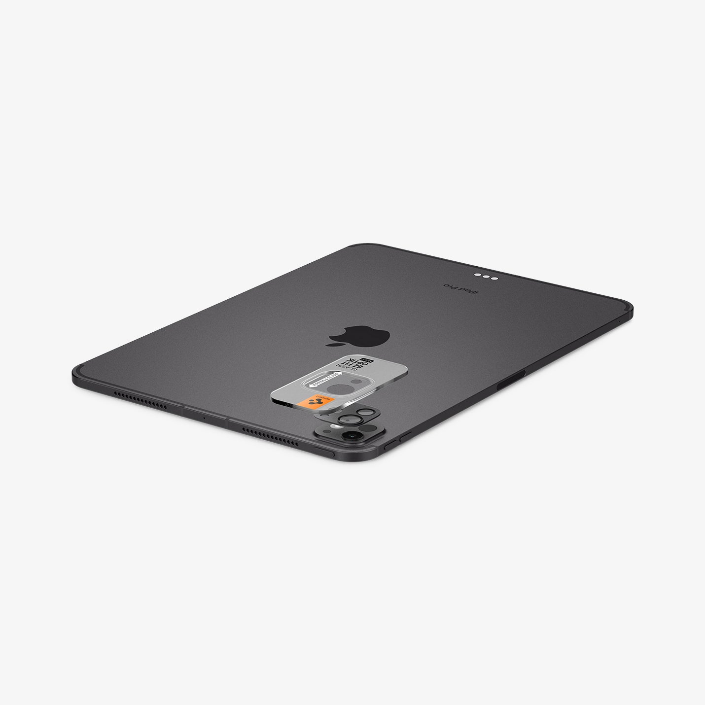 AGL07791 - iPad Pro 13-inch (2024) Optik Pro EZ Fit Lens Protector in Space Black showing the installation tray hovering above the lens protector and the device